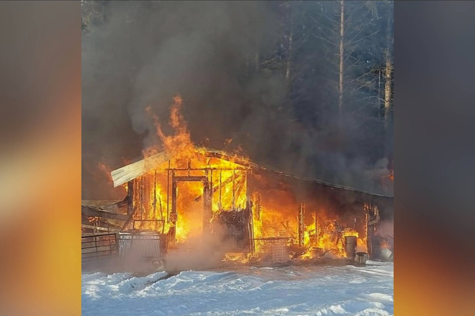 A hay barn went up in flames Friday, Jan. 12 in Cherryville. (Kindra Petersen photo) 