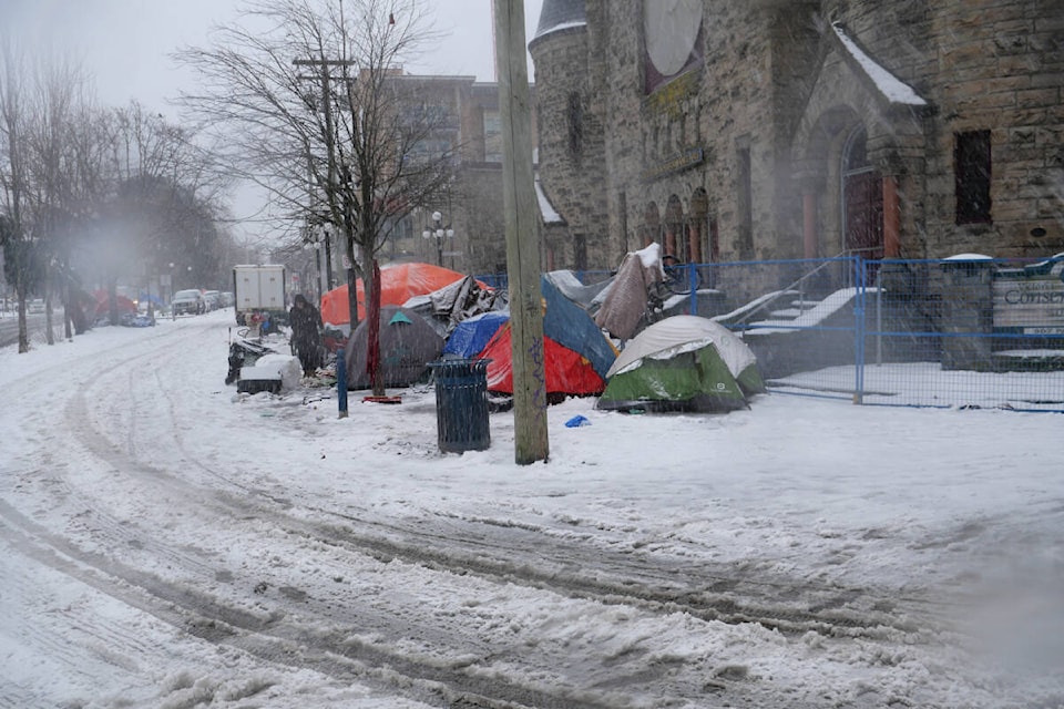 Icy conditions down Pandora Avenue, have made life even more difficult for the unhoused as they battle the conditions to try and stay warm. (Thomas Eley/ News Staff) 