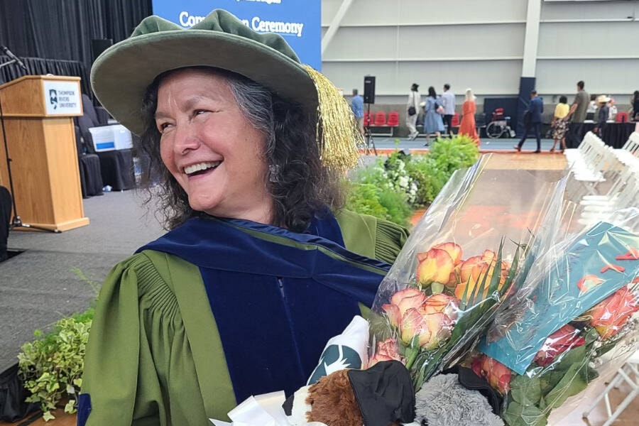 Activist and best-selling author Bev Sellars received her honorary doctorate from Thompson Rivers University in June 2023. (Photo by Xatśūll Chief Rhonda Phillips) 