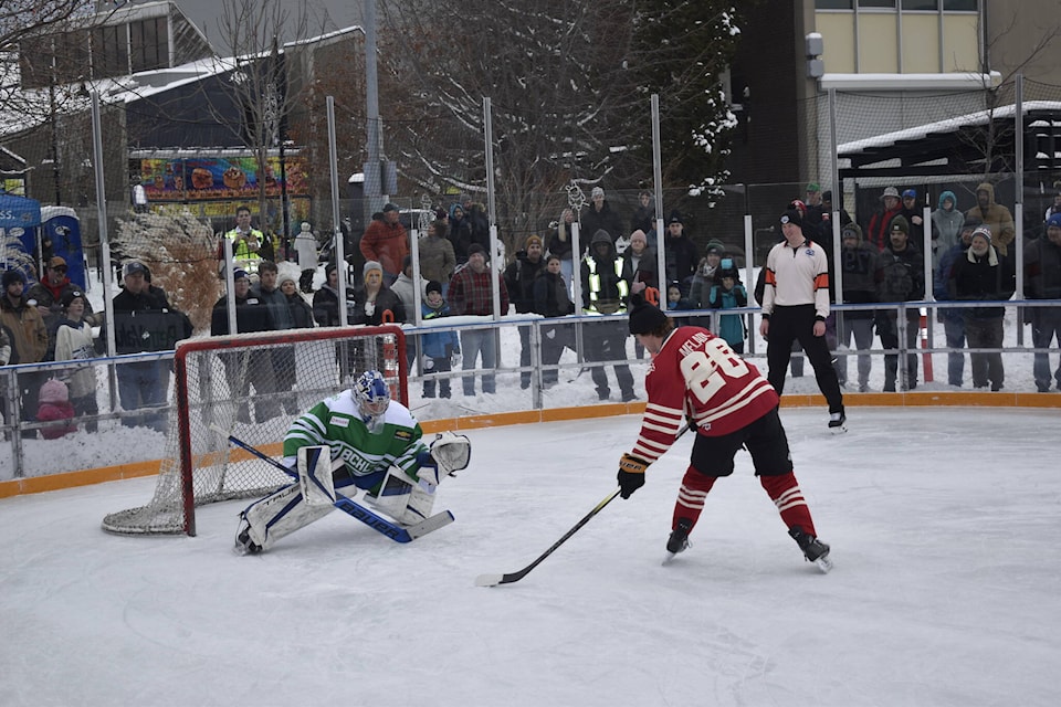 Penticton Vees goaltender Will Ingemann faces a shot from Cole Melady from the Coquitlam Express during BCHL All-Star Weekend on Penticton’s outdoor next to city hall on Jan. 20, 2024. (Logan Lockhart/Western ) 