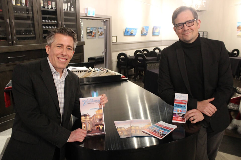 Managing director Randy Huber, left, and artistic director Mark DuMez unveil the Chemainus Theatre’s show schedule for 2024. (Photo by Don Bodger) 