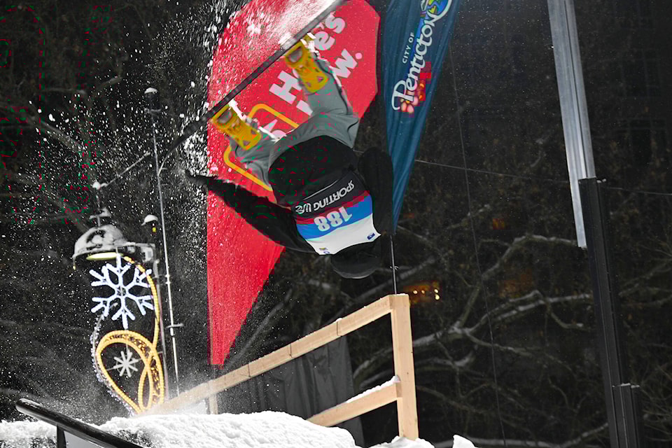 The first Rail Jam in Penticton saw skiers and snowboarders take to a man-made slope in the centre of the city to put on a display of their best tricks. (Brennan Phillips - Western News) 