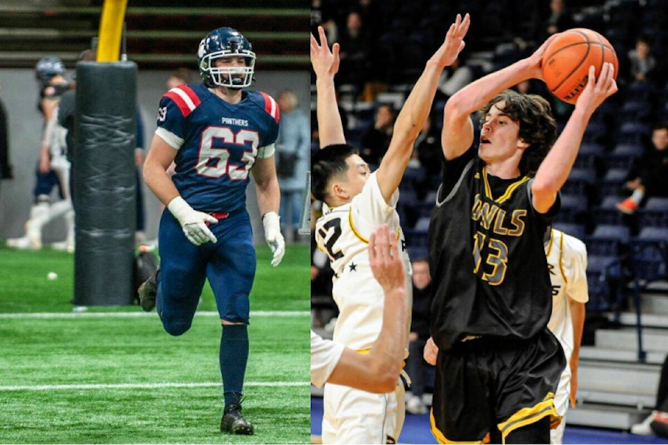 Mark Johnson (left) was a key cog in the machine that was the VSS Panthers football team in 2023, as they won their third AA varsity provincial titles in the past five seasons (Contributed Photo). Nash Semeniuk (right) leads the KSS Owls basketball team as they look to improve upon their fourth place showing in provincials a season ago. (Langley Events Centre Photo) 