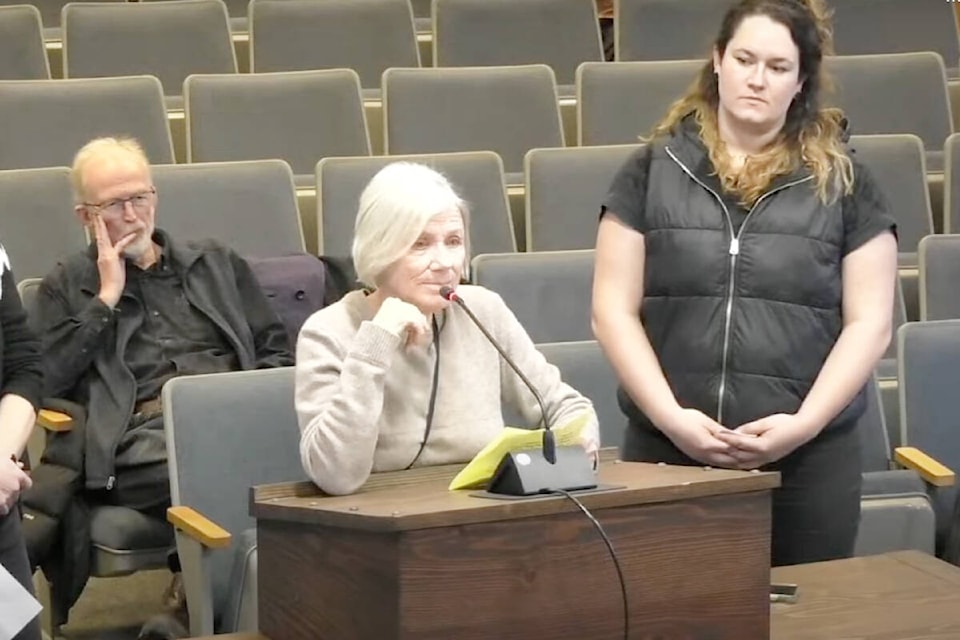 Denise Deschene, centre, and Emma Swabey, right, were two of three leaders of Fall Go By Bike Weeks and Streets for All Williams Lake who spoke to city council at the regular council meeting on Jan. 16, 2024. (You Tube screen grab) 