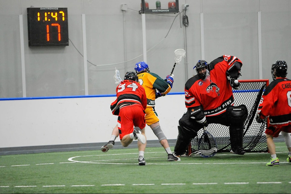 Brandon Humphrey and the Black Fish pitched a second-half shutout in their team’s 17-8 win over the first-place Shooting Eagles in Arena Lacrosse League West Division action at 91ԭ Events Centre on Jan. 28. (Gary Ahuja/Special to 91ԭ Advance Times) 