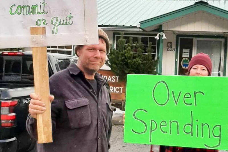 Bella Coola residents protest outside the Central Coast Regional District office Thursday, Jan. 25, while the board meeting was in progress. (Photo submitted) 
