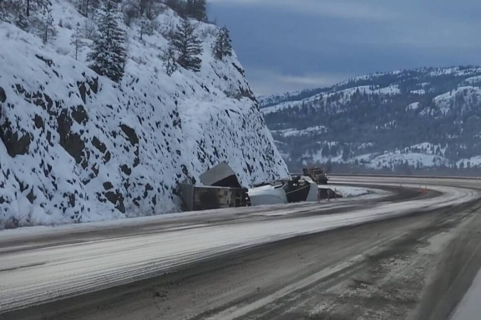 Rock Fall Zone ditch was built specifically by contractors on this busy corner of Hwy. 5 as a rock catchment, that also seems to be ‘catching’ vehicles. On Jan. 10 a semi jackknifed into the deep ditch after crossing the highway southbound above the Tournament Capital Ranch just outside of Kamloops. No injuries and no charges sustained. (Photo by: Skilled Truckers Canada) 