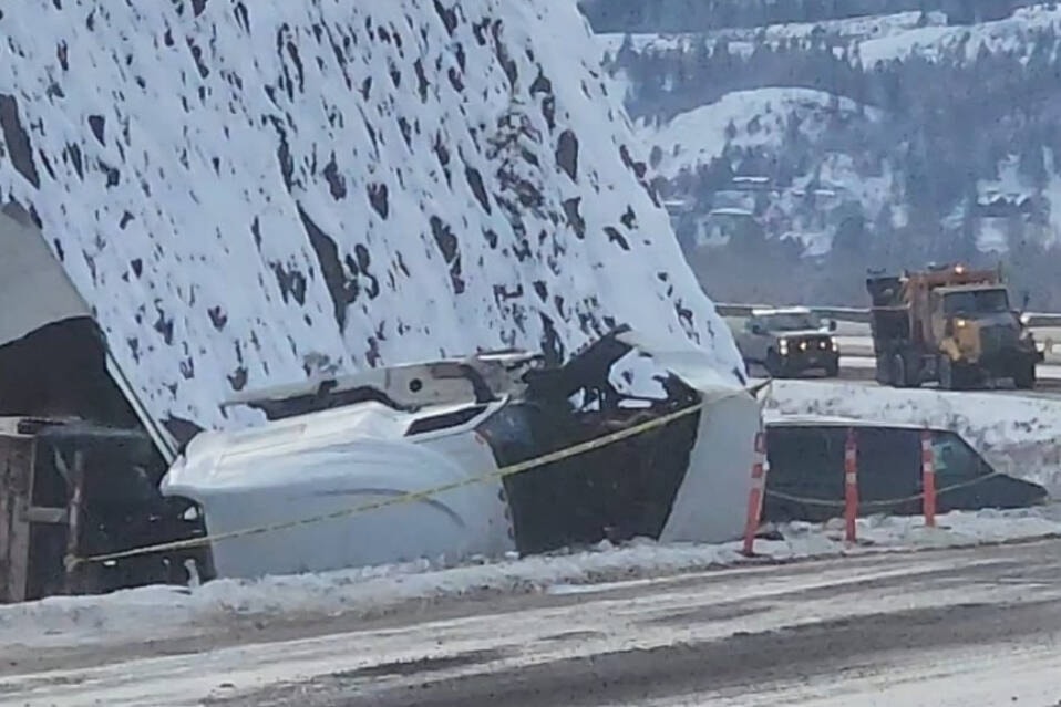 On Jan. 10 at 11:40 a.m. a southbound semi slid and jackknifed on icy Hwy. 5 above the Tournament Capital Ranch north of Kamloops coming smashing it’s trailer in two with the cab coming to rest behind. No injuries to driver were sustain. (Photo by: Skilled Truckers Canada) 