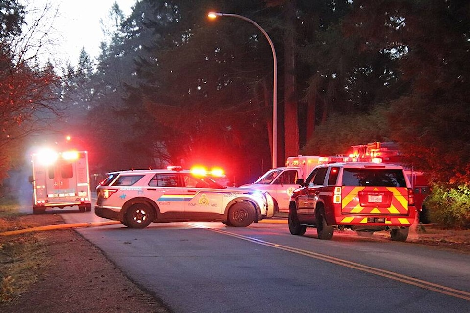 A New Year’s Day house fire in South Surrey has claimed one life. Four people managed to escape the residence in the 14300 block of 26 Avenue, but a fifth person was located deceased inside the building, say Surrey RCMP. (Shane MacKichan photo) 