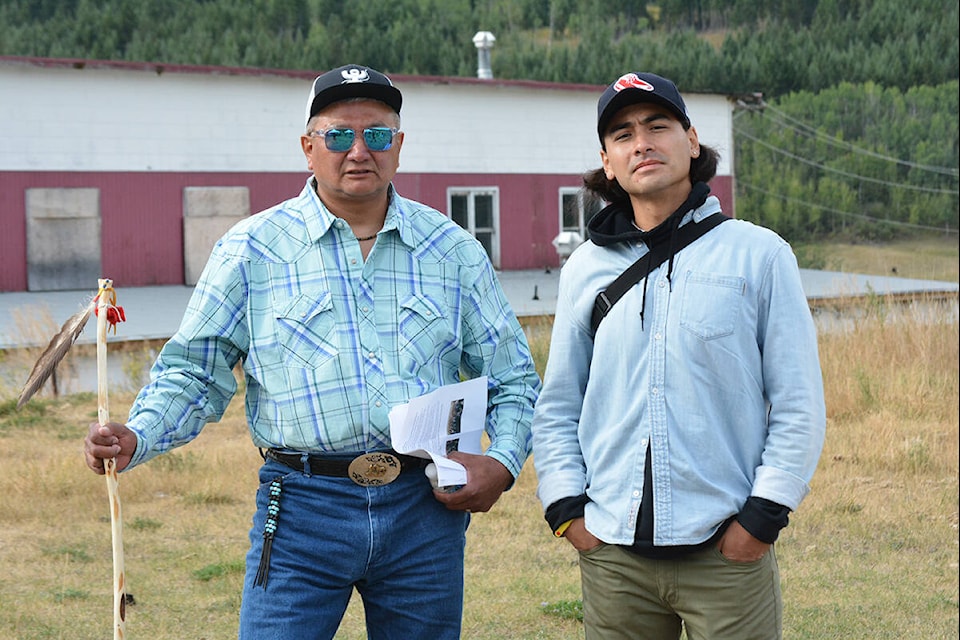 ?Esdilagh Chief Troy Baptiste and filmmaker Julian Noisecat from Canim Lake, at the site of the former St. Joseph’s Mission Residential School in August 2021. (Monica Lamb-Yorski photo - Williams Lake Tribune) 