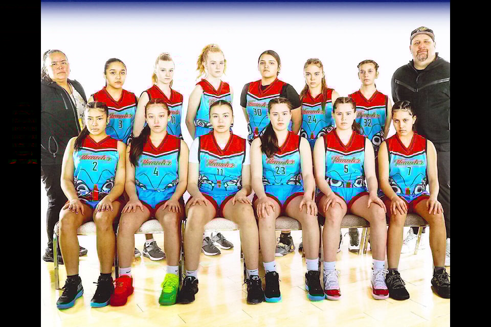 SAMS junior girls basketball team Wilma Parr, assistant coach, back left, Jordan McKinnon, Isla Hodgson, Molly Moren, Glory Gordon, Morgan Boileau, Alaina Lagault and Ryan Parr, coach, Mariah Hall, front row left, Kashlyn Mack, Nevaeh Squinas, Annika Parr, Ayanna Parr and Shaylen Moody. (Photo submitted) 