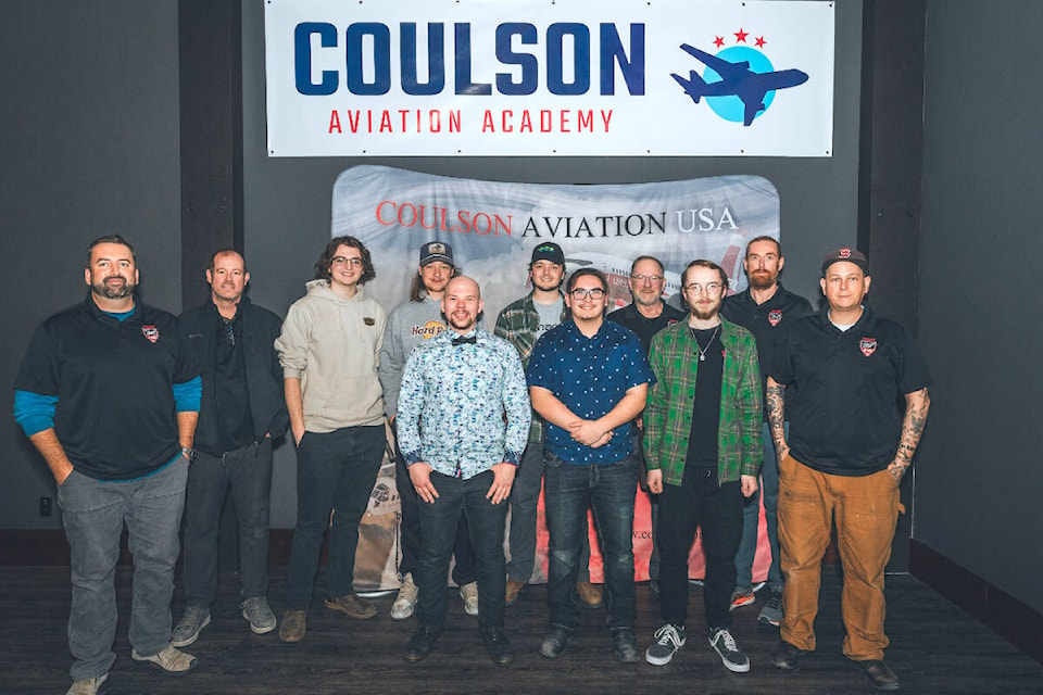 The inaugural graduating class from the Coulson Aviation Academy gathers for a photo at the conclusion of their Aircraft Structures Technician course in Port Alberni, B.C. (PHOTO COURTESY COULSON AVIATION) 