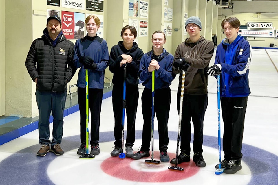 The boys zone 8 curling team in Williams Lake with coach Chris (left) followed by Graeme, Henry (leads), Eli, Brayden (seconds) and Liam (skip). (Photo submitted) 