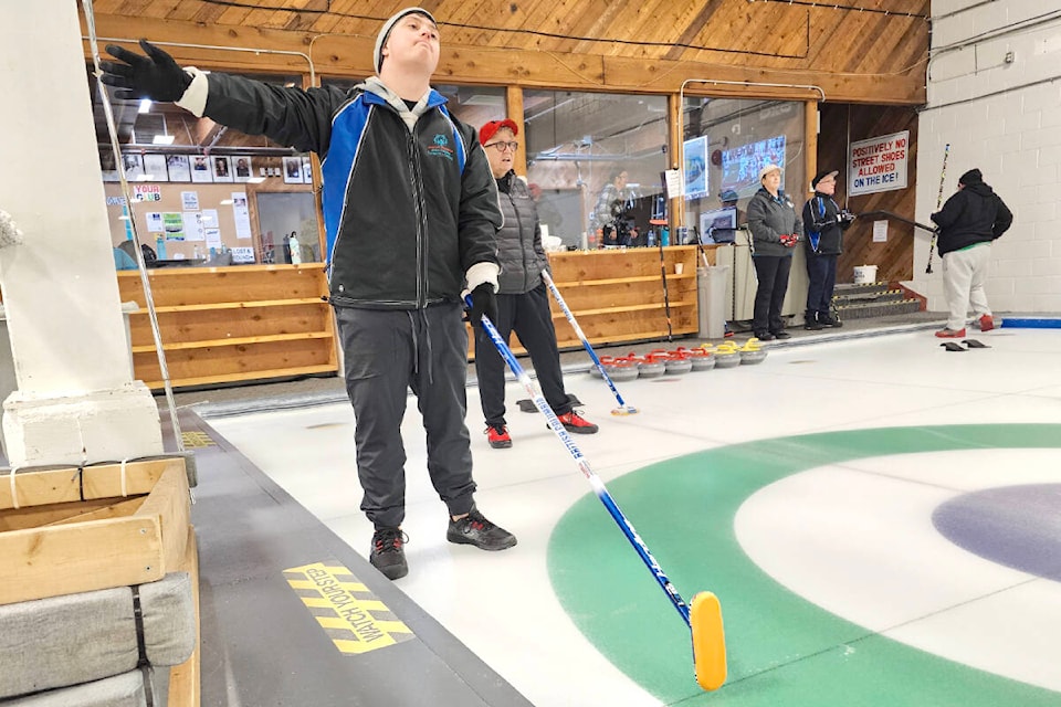 Special Olympics Team B.C. curler Ryerson Shelvey calls a shot during a practice session at the Langley Curling Centre on Sunday, Jan. 28. He is one of five Langley athletes who will be competing at the 2024 games in Calgary that get underway Feb. 27. (Dan Ferguson/Langley Advance Times) 