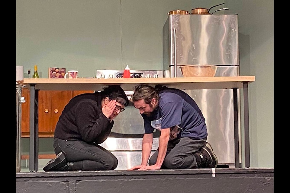 The Lakeside Players are presenting ‘Million Dollar Meatballs’ at the Lake Cowichan Centennial Hall from Feb. 8 to 11. Bumbling jewel thieves Frankie and Beans find a place to hide inside the restaurant Chez Monyeu when they hear the owner and police coming. (Chadd Cawson/Gazette) 