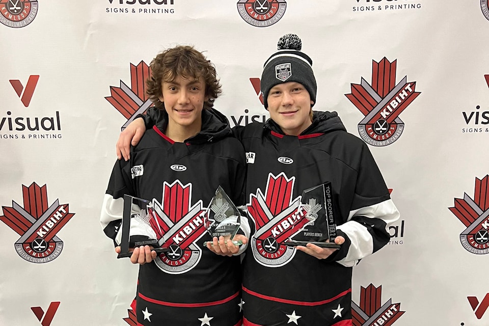 Lorne Moe (L) and Logan McDonald (R) of the U15 Timberwolves at KIBIHT in December, where they both took home awards. (Photo submitted) 