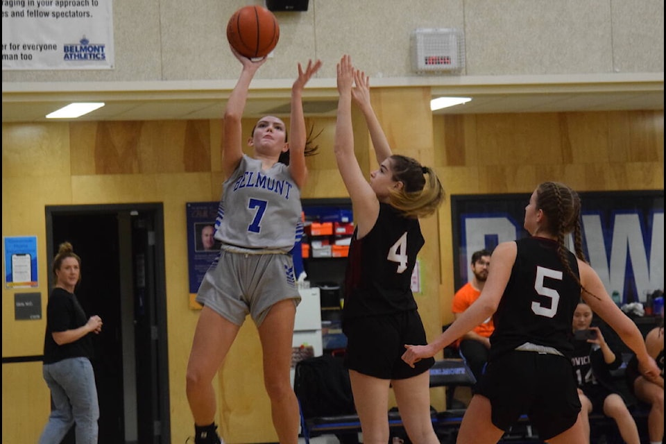 Belmont Bulldogs forward Ali Thors shoots a jumper during the opening game of the 2024 Mountie Cup at Belmont Secondary School on Friday (Feb. 2). (Brendan Mayer/News Staff) 