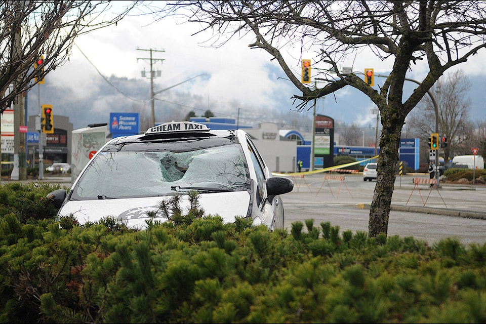 The intersection of Luckakuck Way and Topaz Drive was closed on Feb. 3, 2024 after an elderly man was struck by a taxi. (Jenna Hauck/ Chilliwack Progress) 