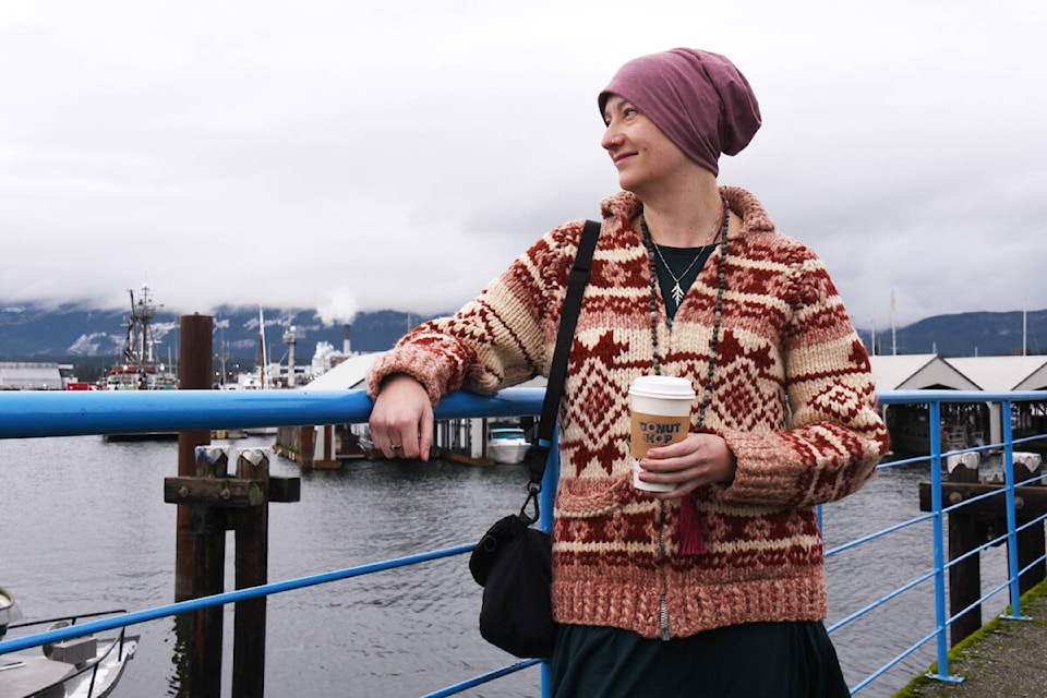 Kama Money finds peace at Harbour Quay, from the view across Alberni Harbour to a tea from the iconic Donut Shop. (Jan. 9, 2024) (SUSAN QUINN/ Alberni Valley News) 
