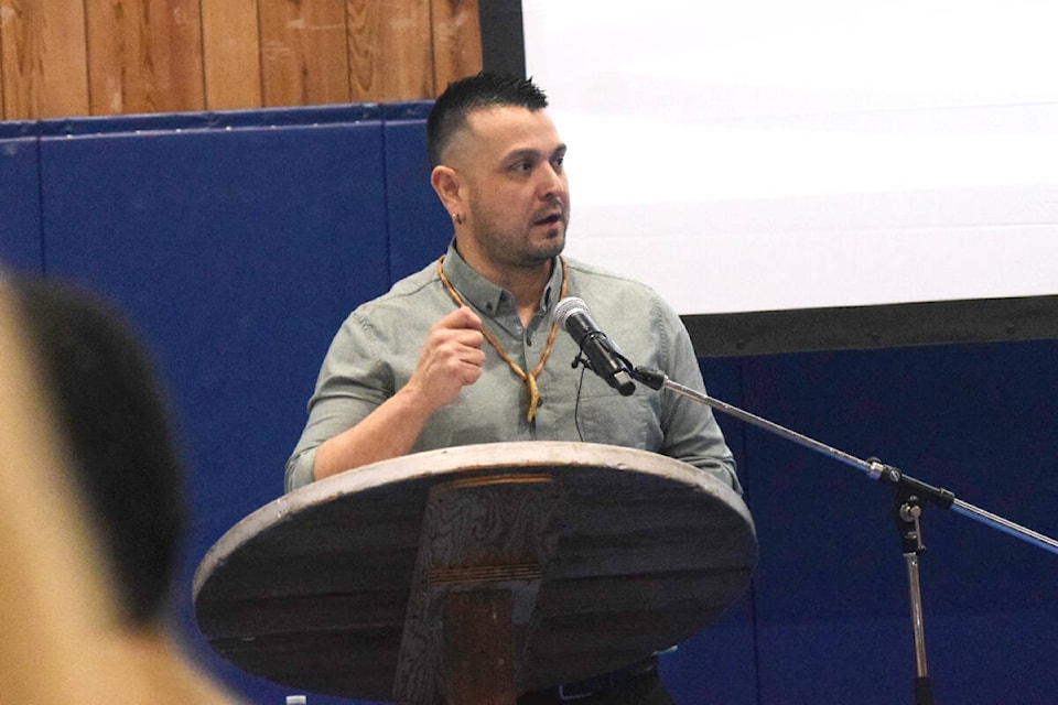 Tseshaht First Nation elected Chief Councillor Wahmeesh (Ken Watts) speaks to the crowd gathered at Maht Mahs on Wednesday, Jan. 31. (ELENA RARDON / Alberni Valley News) 