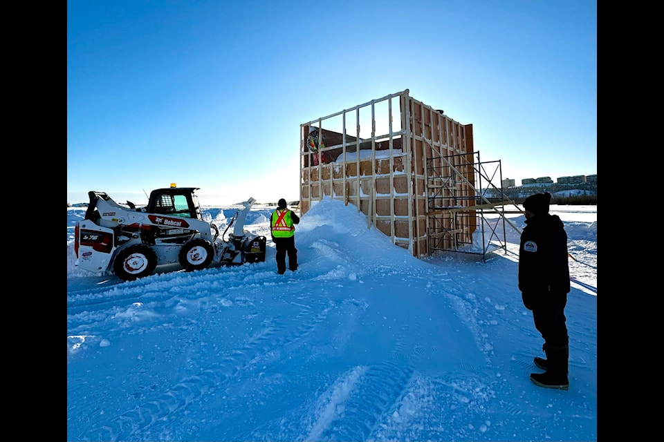 An elaborate wooden structure was erected to enable the ice walls of the castle to be built. Jill Westerman/ϳԹ photo 