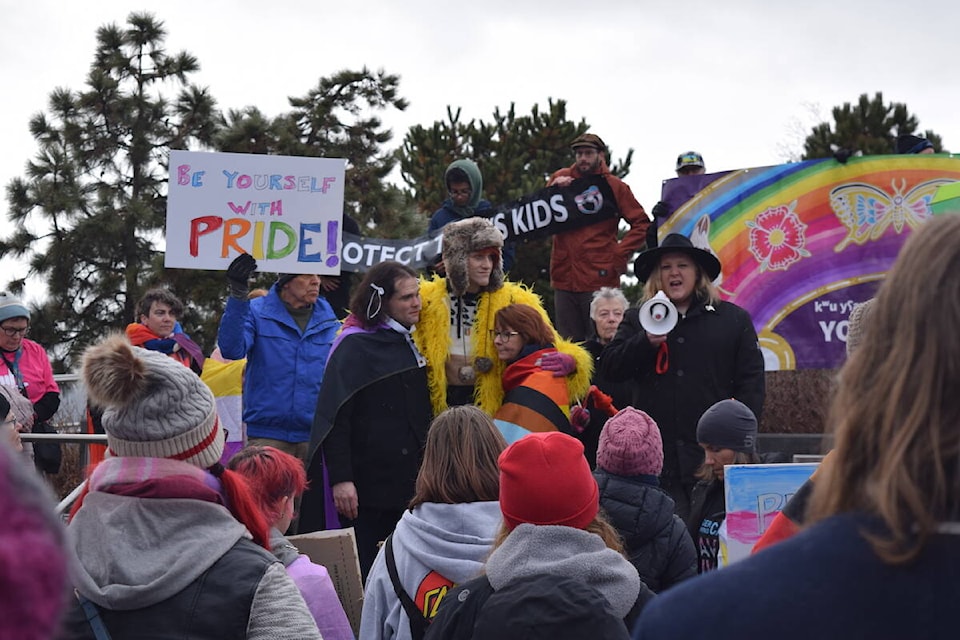 D McWatters addressing the crowd at a protest in support of transgender rights in ’s Stuart Park on Feb. 4, 2024. (Brittany Webster/Capital News) 