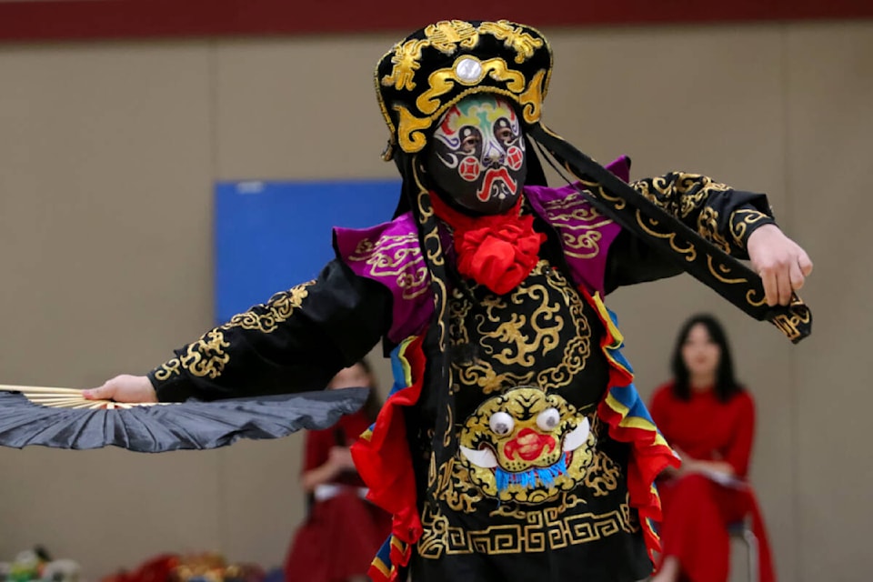 A face-changing performance was part of Meadowridge School’s Lunar New Year Celebration event on Feb. 8. (Brandon Tucker/The News) 