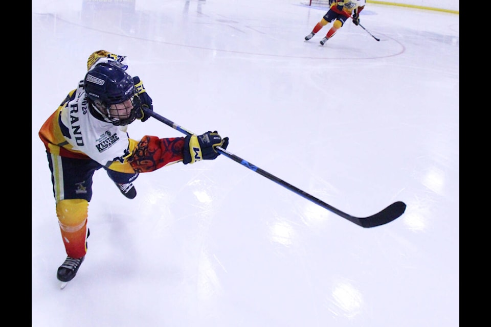100 Mile House Wrangler Ethan Hofstrand moves the puck up the ice at the South Cariboo Rec Centre. (Patrick Davies photo - 100 Mile Free Press) 