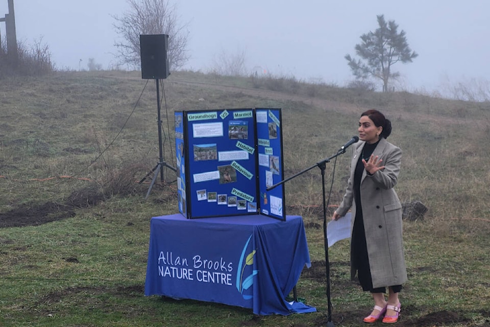 Vernon Monashee MLA Harwinder Sandhu says a few words on a foggy Friday morning, Feb. 2, at Vernon’s Allan Brooks Nature Centre, site of third annual Groundhog Day celebrations. (Roger Knox - Morning Star) 