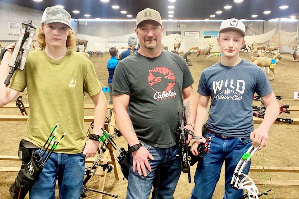 Celton Requarth, from left, Dan Huska, and Hudson Huska were three of five Cariboo Archers shooting in Prince George Feb. 3 and 4 2024. (Photo submitted) 