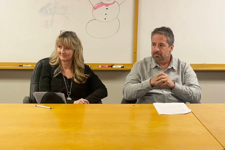 Frankie Nelson, left, business manager for Atlantic Power Inc.’s Williams Lake power plant, and Sean Gillespie, vice president of operations for Atlantic Power, spoke at the committee of the whole meeting at Williams Lake city hall on Feb. 6, 2024. (Ruth Lloyd photo - Williams Lake Tribune) 