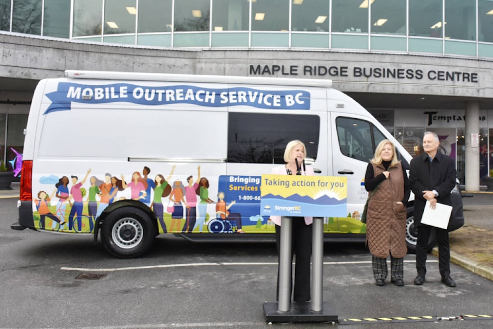 Minister of Citizens’ Services Lisa Beare explains how the new Mobility Outreach BC Service van will be utilized. (Colleen Flanagan/The News) 