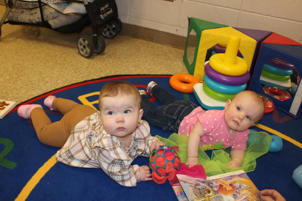 Twins Piper and Paisley Breuker-Phllips, 10 months, get an early start on reading at the Literacy Day event at the Echo Centre. (SONJA DRINKWATER PHOTO) 