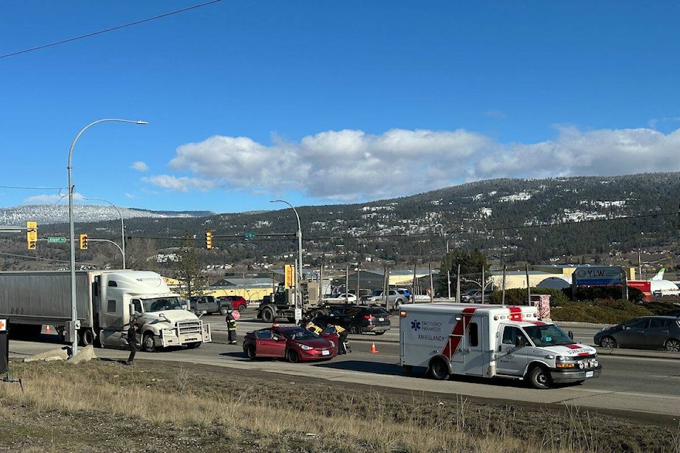 A semi-truck and a car were involved in a crash at Highway 97 and Airport Way on Feb. 9, 2024. (Jordy Cunningham/Capital News) 