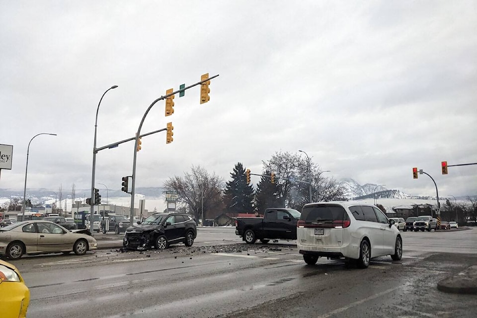 A multi-vehicle crash on the intersections of highways 97 and 33 on Feb. 12, 2024. ((Dallas Dipple/Capital News) 