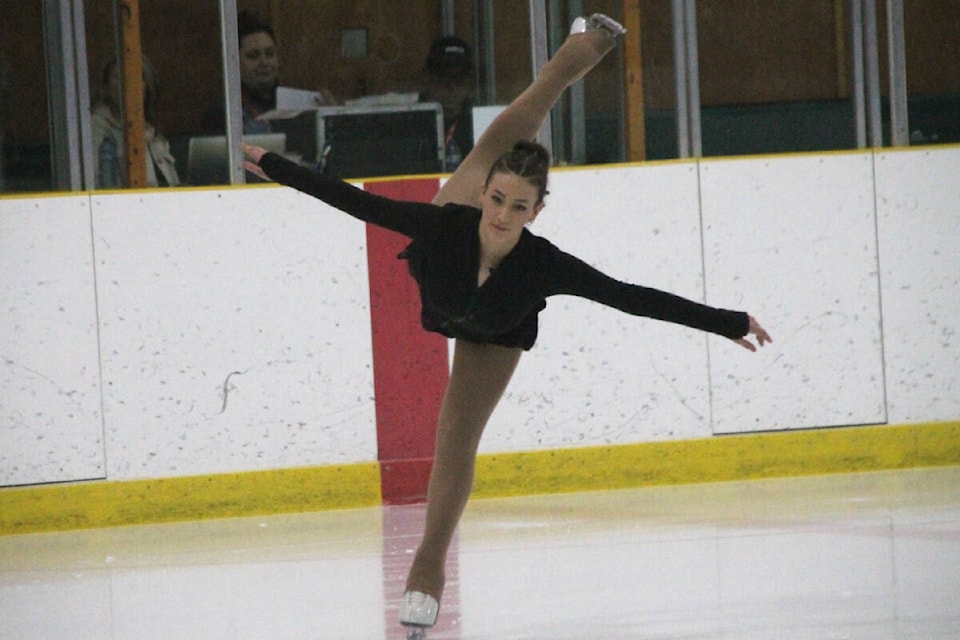 Bethany Henrie of the Salmon Arm Skating Club completes an element with style at the Okanagan Regional Figure Skating Championships Friday, Feb. 9, at Armstrong’s Nor-Val Sports Centre. (Roger Knox - Morning Star) 