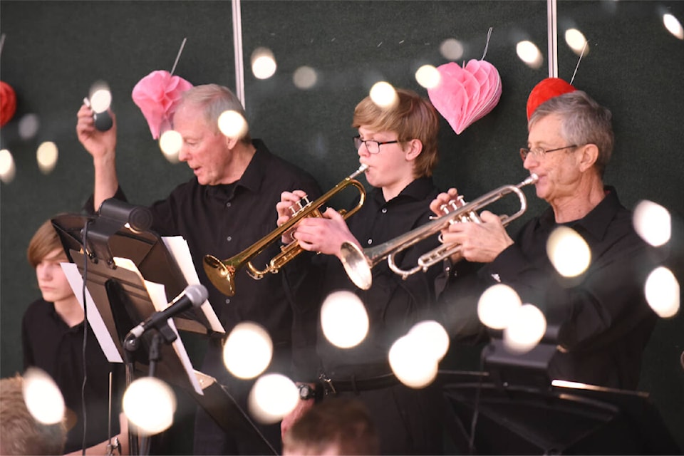 The Lake City Secondary School Tour Band joined the Cariboo Gold Dance Band for the final couple of songs at the Valentine’s Dance and Silent Auction on Feb. 9, 2024. (Ruth Lloyd photo - Efteen) 