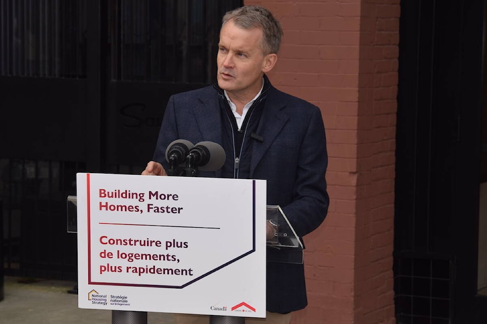 Labour Minister Seamus O’Regan announces that the federal government, the City of Victoria, the City of Campbell River and the Town of Comox have reached an agreement to fast-track a total of more than 900 homes over the next three years. (Brendan Mayer/News Staff) 