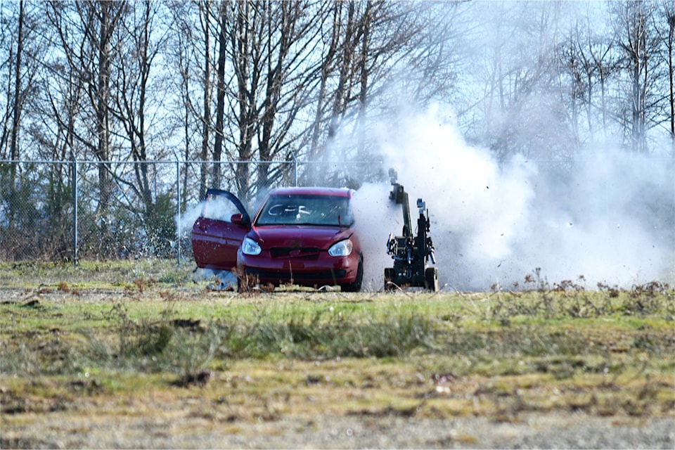 An explosive is detonated during a planned military exercise at 19 Wing on Feb. 14 (Exercise Taz Runner). (Olivier Laurin / Comox Valley Record) 