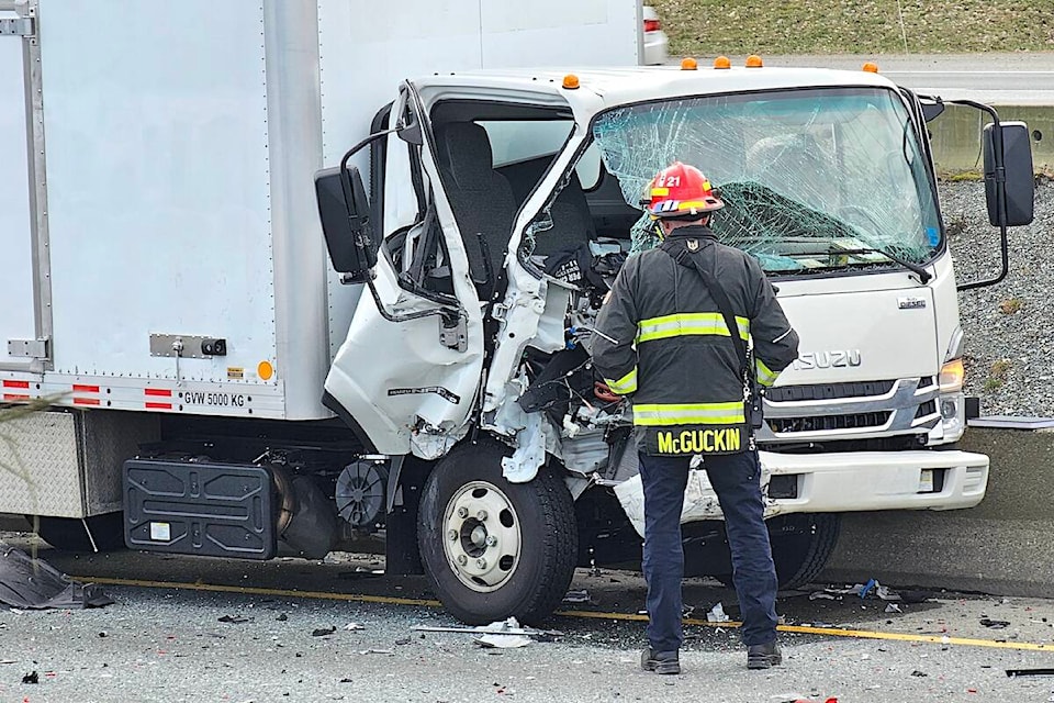 A four-vehicle crash tied up traffic for more than an hour on Hwy 1 through Aldergrove and 91ԭ on Monday, Feb. 19. Crashes along that stretch of the highway have doubled. (Dan Ferguson/91ԭ Advance Times) 
