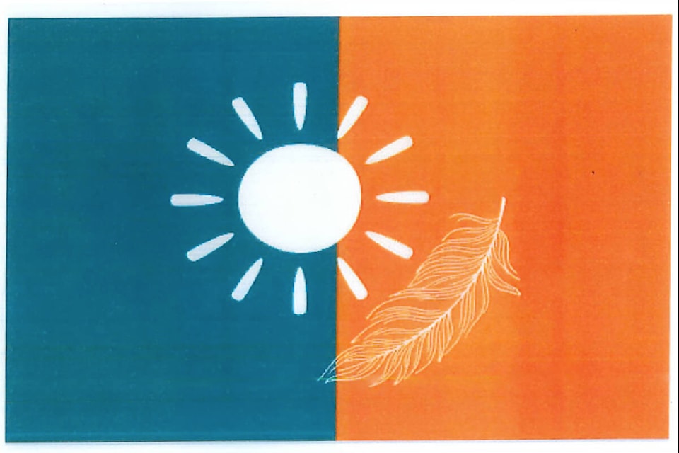 This flag design, created by a JL Jackson Secondary student in teacher Ryon Ready C-block French Immersion Social Studies class, with the sun representing “the bright future and the big ideas of our small city,” and the feather representing “indigenous peoples in our area and the trust and freedom our town represents.” (Image by Clara, JL Jackson Secondary) 