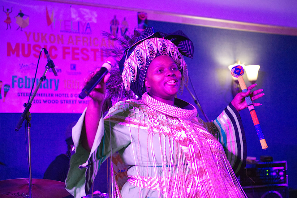 South African performer Jessica Mbangeni at the 2024 Yukon African Music Festival, held Feb. 16 and 17 at the Sternwheeler Hotel & Conference Centre in downtown Whitehorse. (Matthew Bossons/Yukon News) 