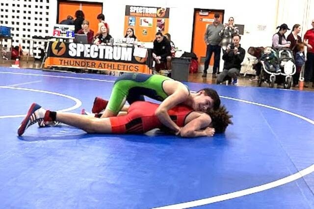 Brad Ludvigson of QMS placed fourth in his division at the 2024 Vancouver Island High School Wrestling Championships at Spectrum Secondary School. (Courtesy of CVWC) 