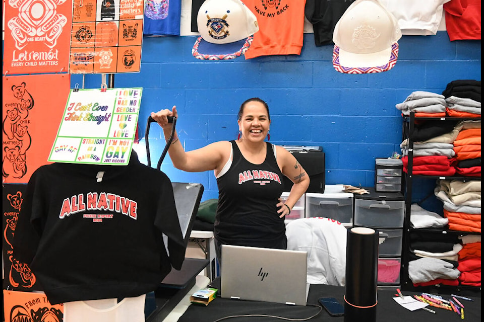 Timi Newcombe-Graydon has been travelling from Chilliwack to the All Native Basketball Tournament with her custom clothing business for 20 years. (Seth Forward/The Northern View) 