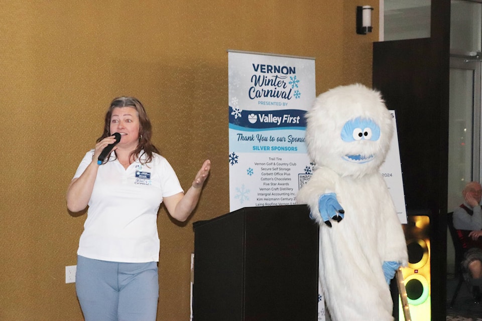 Vernon Winter Carnival executive director Kris Fuller announces Jopeti as the name for Carnival’s new mascot at the 64th Winter Carnival Awards and Volunteer Appreciation Night Friday, Feb. 16, 2024. (Brendan Shykora - Morning Star) 