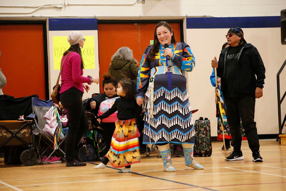 Dancing Water Sandy speaking at the Honouring Our Families Powwow. (Kim Kimberlin photo - Williams Lake Tribune) 