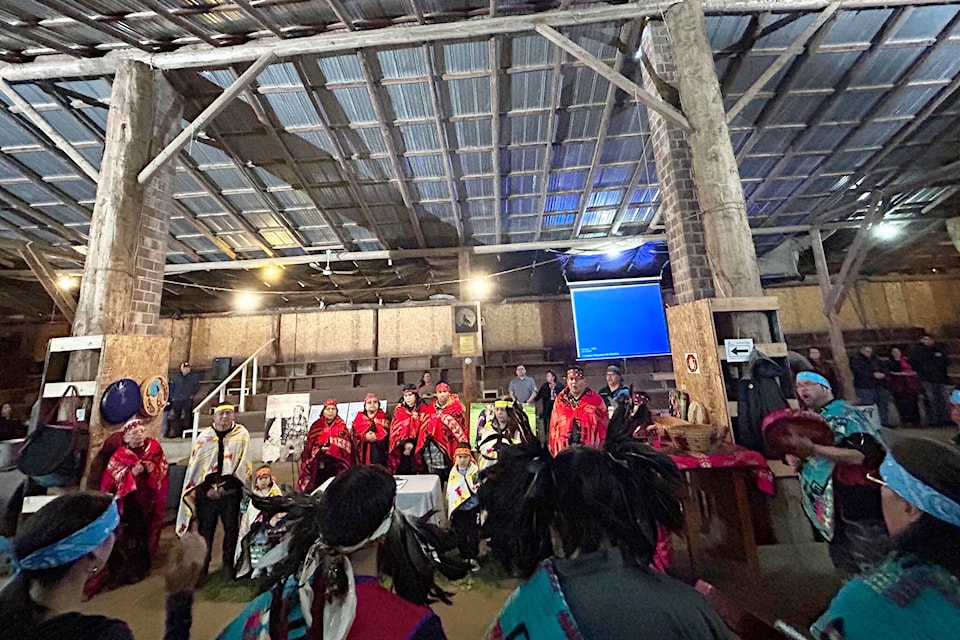 On Friday, Feb. 16, the Sts’ailes community gathered at the Charlie Longhouse for a ceremony to celebrate asserting their jurisdiction over their own child and family services laws. (Adam Louis/Observer) 
