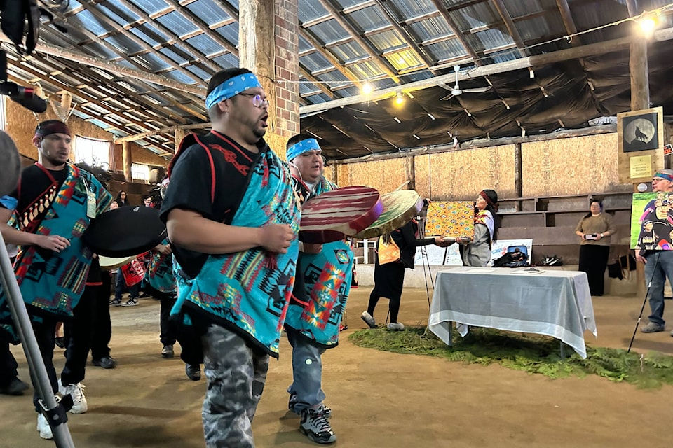 Drummers proceed into the Charlie Longhouse as the Sts’ailes nation celebrates their rights to preside over family services for Sts’ailes children all over the province. (Adam Louis/Observer) 