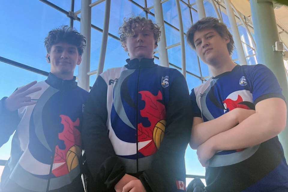 Kelowna Water Polo Club-Pacific Storm players (left to right) Octavio Macedo Vasconcelos Guimarães, Mason Baughen, and Clarke Schafer. (Ben Halsall photo) 