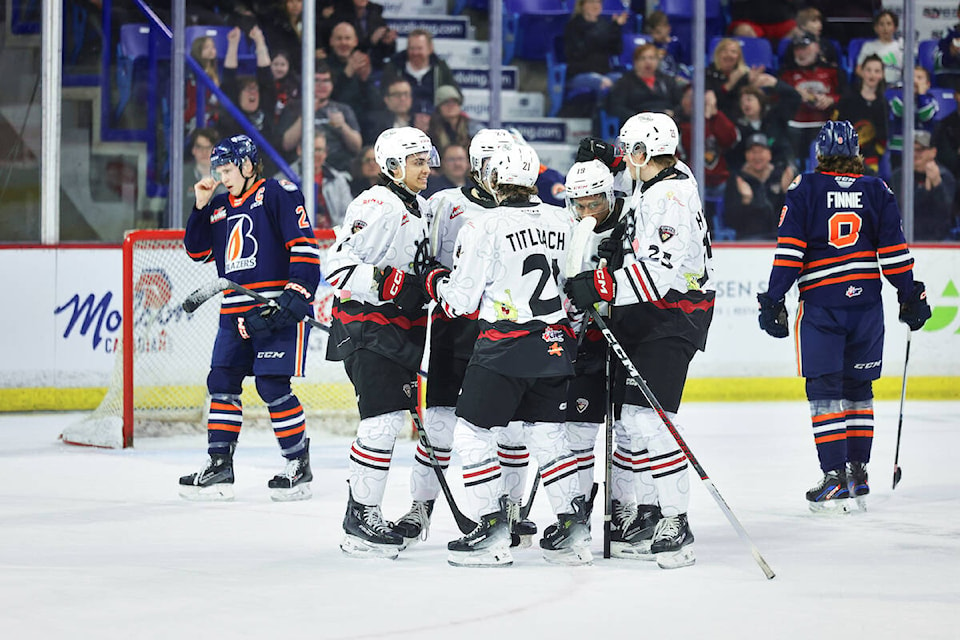  Cameron Schmidt’s hat-trick led the way for the Vancouver Giants on Saturday night, Feb. 24, in a 7-1 win over the Kamloops Blazers in front of more than 4,200 fans at the Langley Events Centre. (Rob Wilton/Special to Langley Advance Times) 